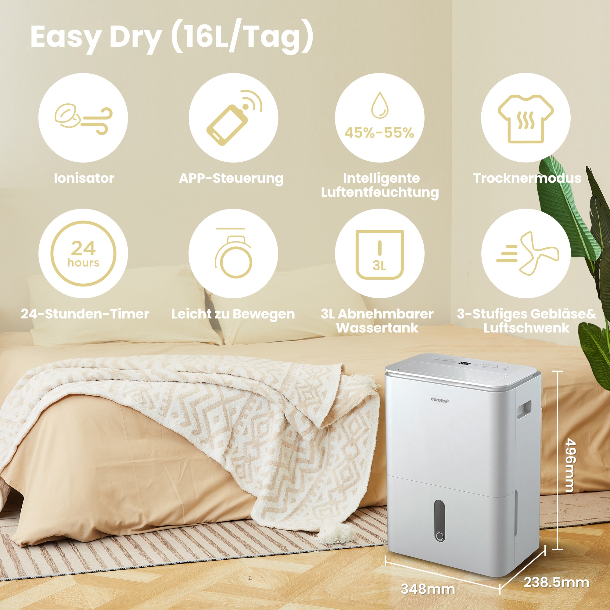 comfee Luftentfeuchter »»Easy Dry 16« geeignet für Räume mit bis zu 32 m²« Entfeuchtung 16 l/Tag mit Trocknermodus, App -und Sprachsteuerung