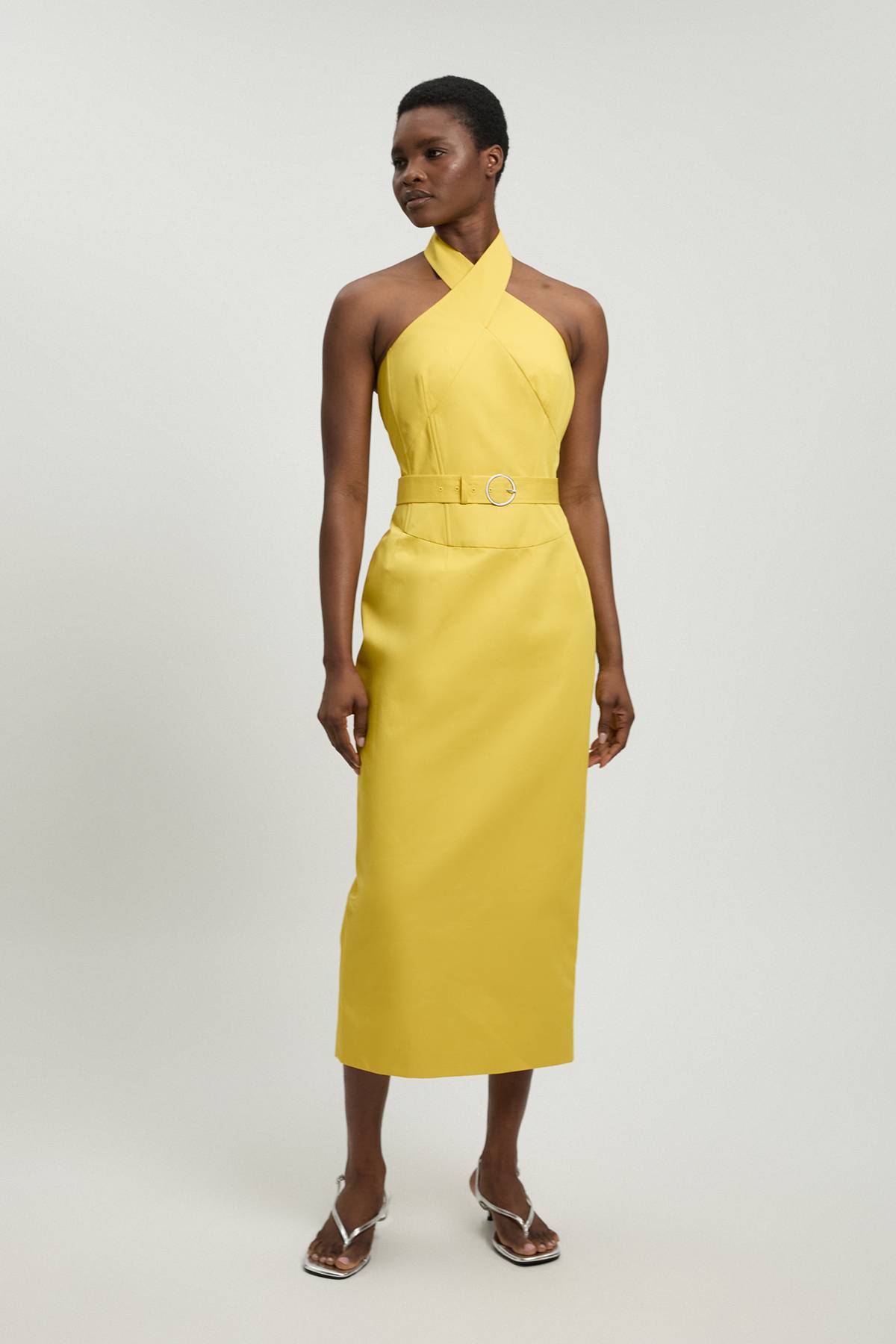 KarenMillen Robe Mi-longue Cintrée Ceinturée En Satin De Coton Ajusté