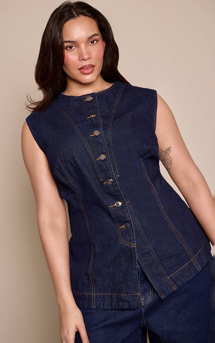Bleu Indigo Haut En Denim Sans Manches Longue Coupe Grande Taille
