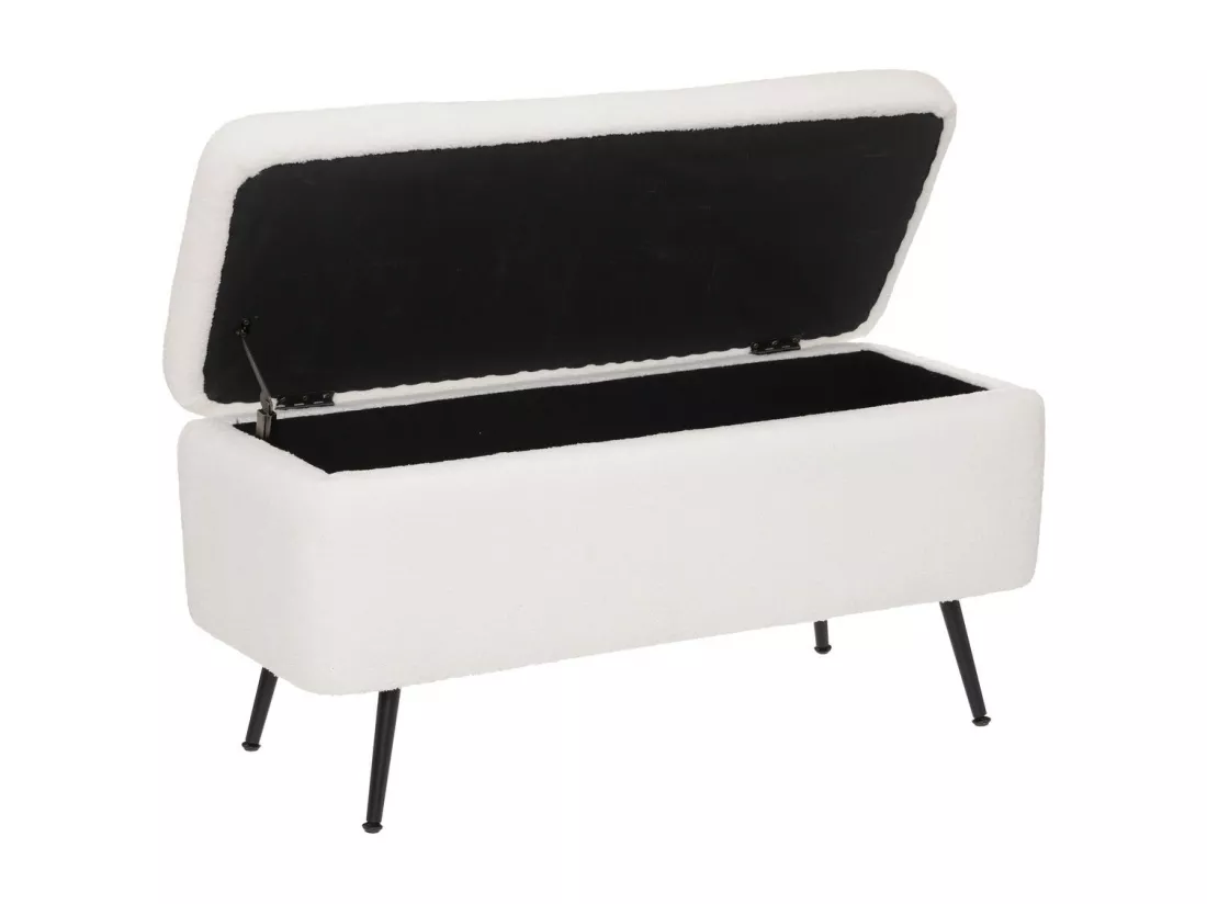 Banc Coffre tissu blanc à bouclettes et pieds en métal 100 x 40 cm