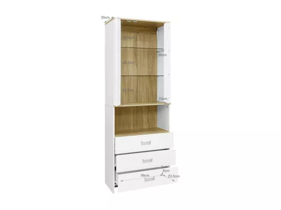 Vitrine avec LED intégré, 3 tiroirs, 2 portes, 1 niche - MDF et Panneau de particules - 65x35x181.5cm