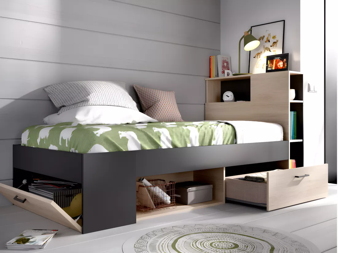 Lit avec tête de lit rangements et tiroir - 90 x 190 cm - Anthracite et naturel + matelas + sommier - LEANDRE