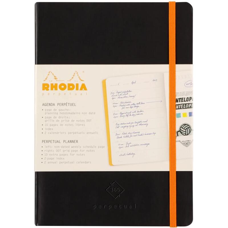 Rhodiarama Perpetual A5 128p papier ivoire 90g coins microperforés avec élastique - Noir