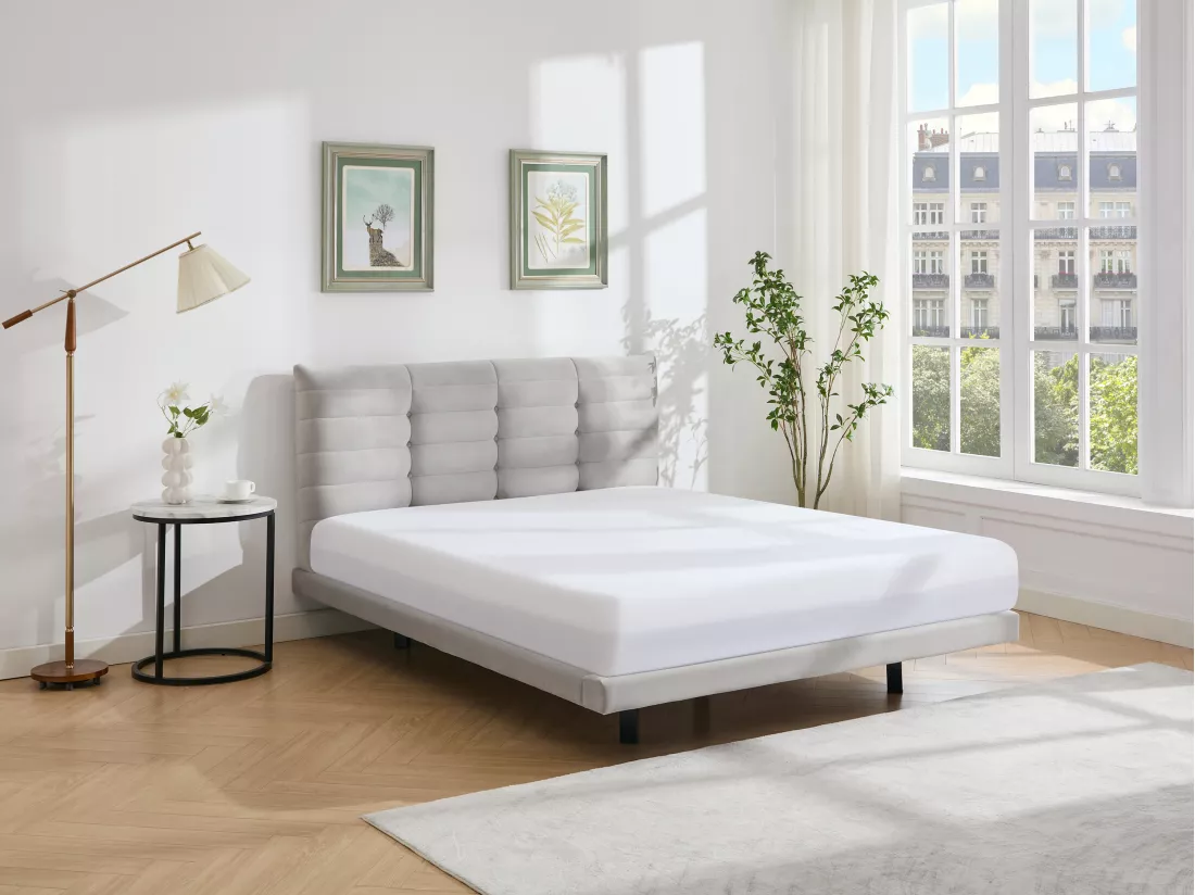Lit 180 x 200 cm avec tête de lit capitonnée - Velours - Gris - NISATIO