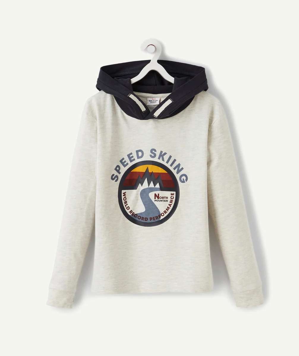 T-SHIRT GARÇON EN COTON BIO À CAPUCHE AVEC MOTIF MONTAGNE