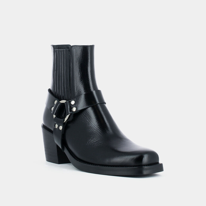 Bottines à fronces et boucles  en cuir noir
