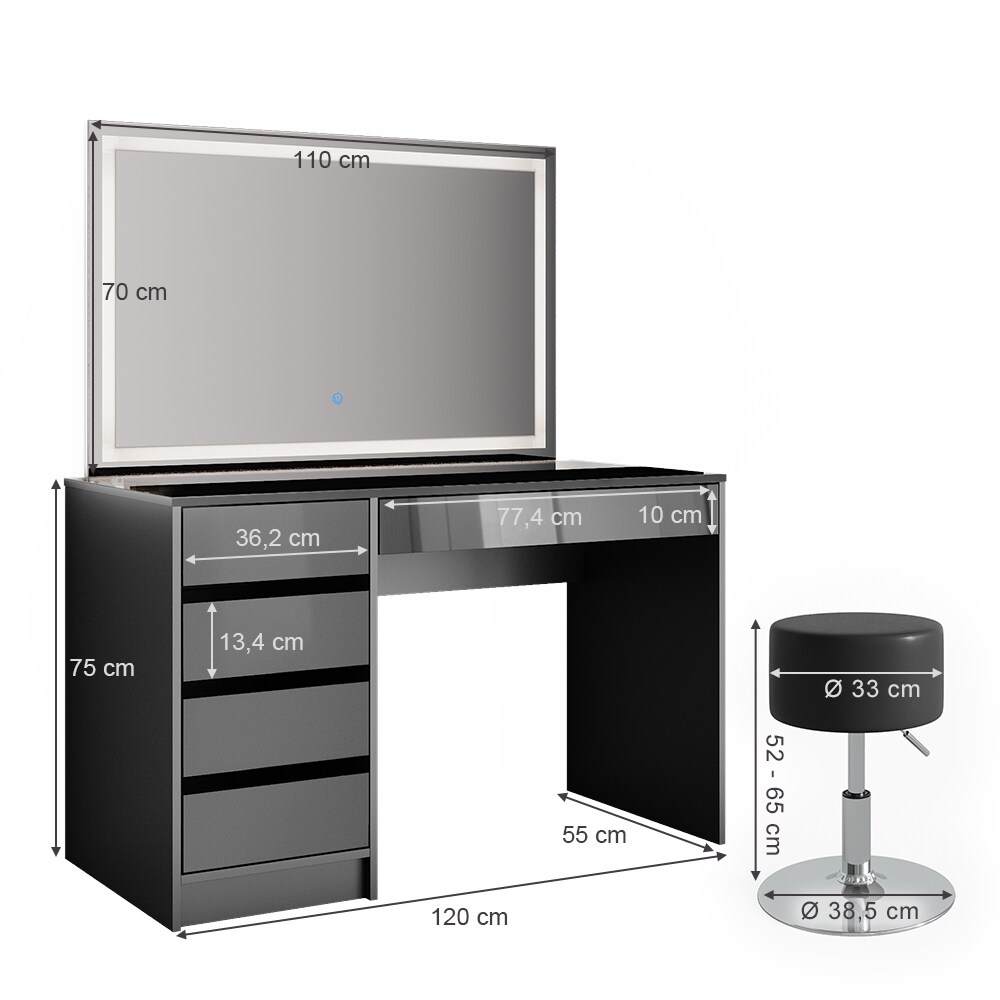 VICCO Schminktisch Sherry Anthrazit Hochglanz Frisiertisch LED Spiegel Hocker