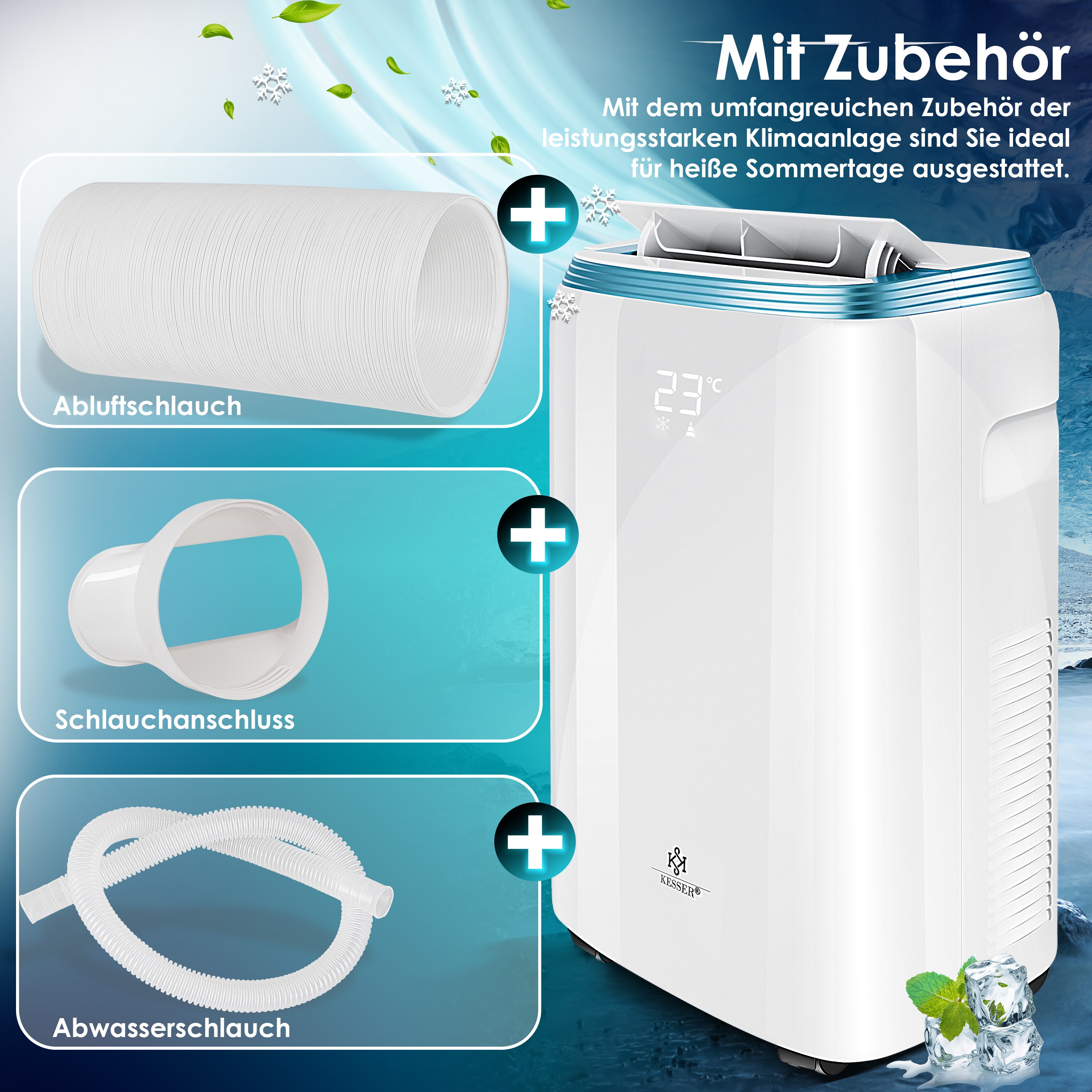 KESSER® Klimaanlage Mobil Klimagerät4in1 kühlen, Luftentfeuchter, lüften, Ventilator - 9000 BTU/h (2.600 Watt) 2,7KW - Klima , Fernbedienung und Timer, Nachtmodul