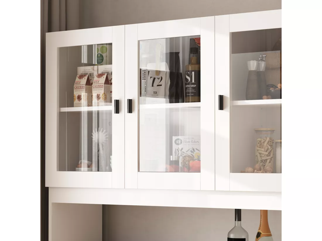 Buffet de cuisine en verre Vitrine de rangement avec étagères Compariment ouvert armoire de cuisine 120x31x180cm Blanc