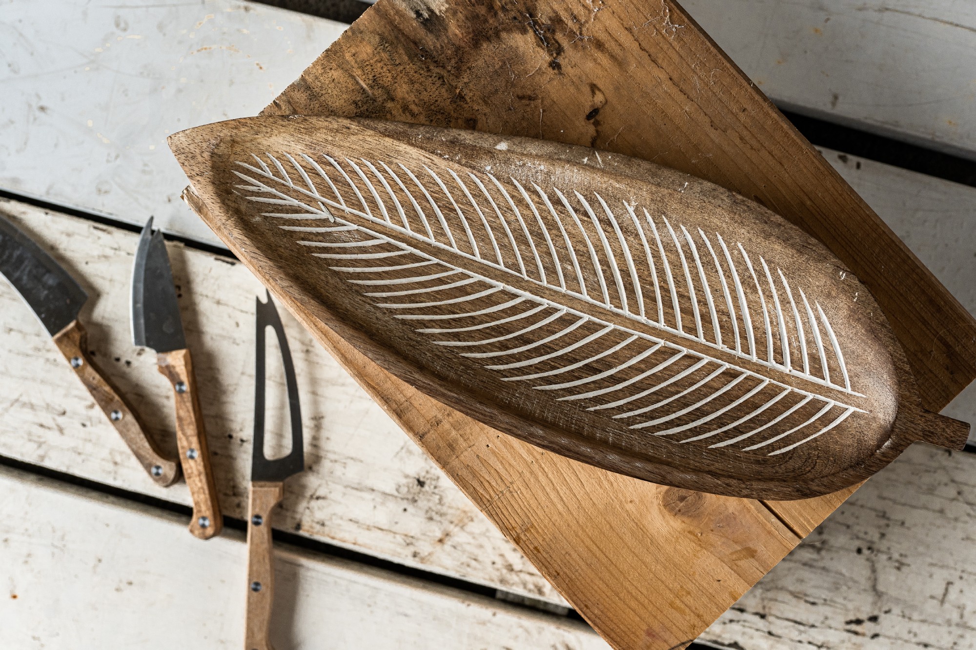 Teller Ablage 'Blatt', natur, T 38 cm, B 13 cm, H 4 cm von fischer's lagerhaus