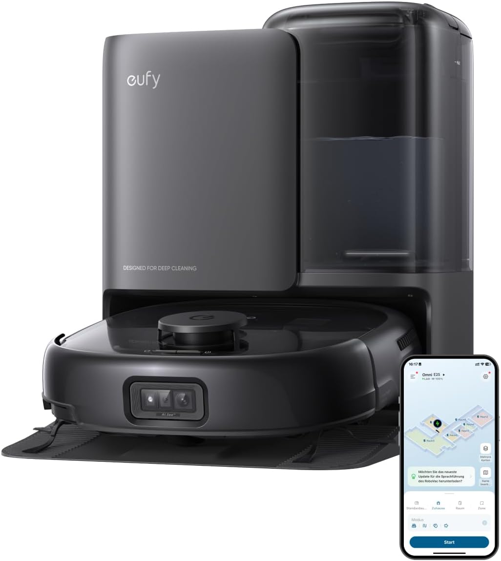 eufy Omni E25 HydroJet Saugroboter mit Wischfunktion, 20.000Pa Turbo-Saugkraft, DuroSpiral Entwirrbürsten, CornerRover Arm für Ecken, All-in-One-Station, für Tiere & Kinder.