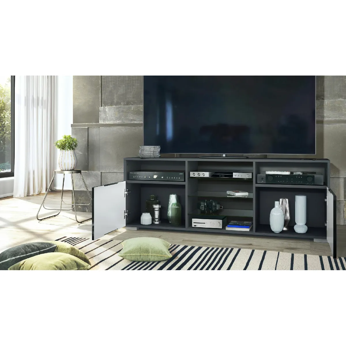 MPC Meuble TV - Gris mat et blanc laqué