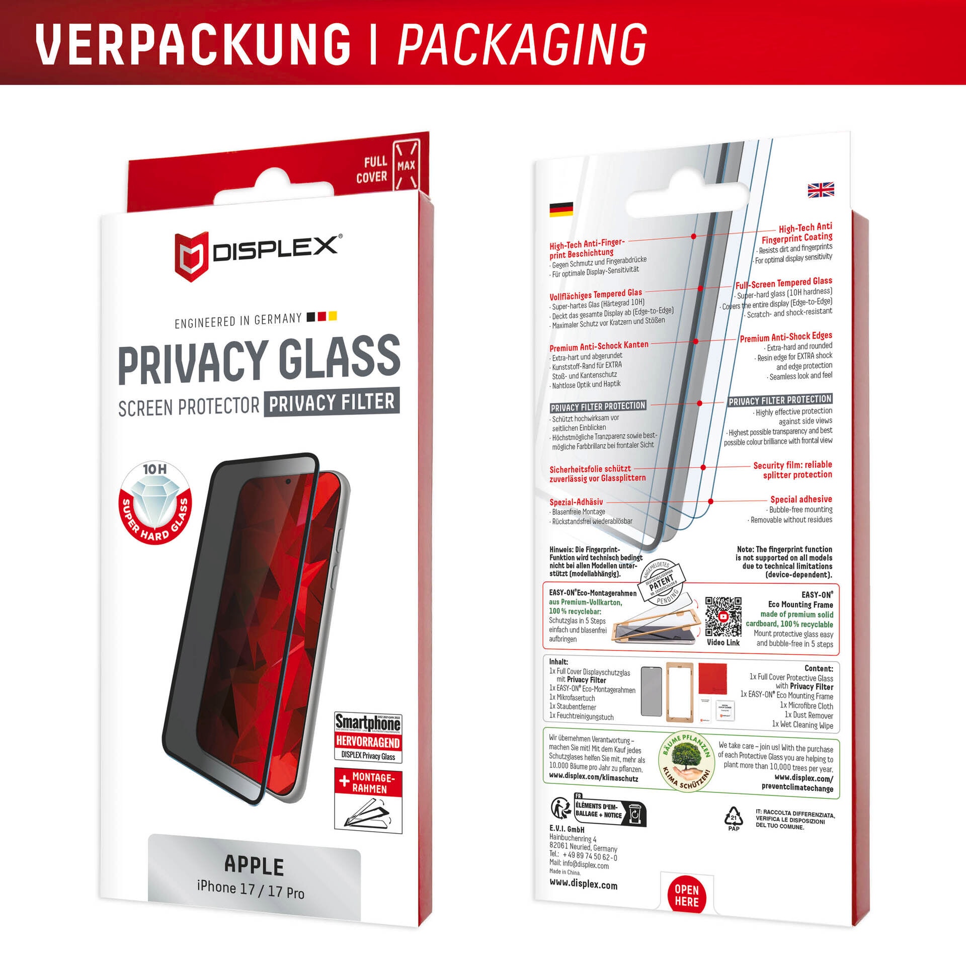 Displex Displayschutzglas »Privacy Glass Screen Protector« für Apple iPhone 17;Apple iPhone 17 Pro Displayschutzfolie, Schutzfolie, Bildschirmschutz, kratz- & stossfest