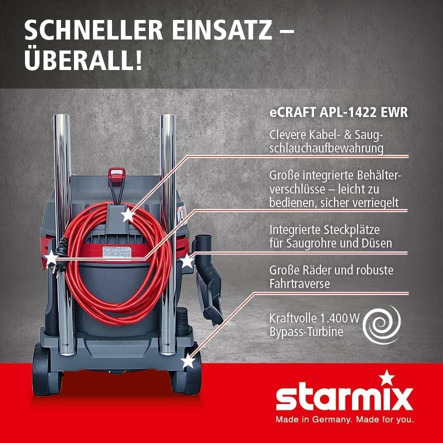 starmix eCraft PL-1422 EWR - Nass-/Trockensauger Staubklasse L, 1400 W, 22 L - Allessauger mit Filterabreinigung & Blasfunktion, kompakt, leicht & intuitiv, 9,5 m Aktionsradius für Büro, Auto, Garage