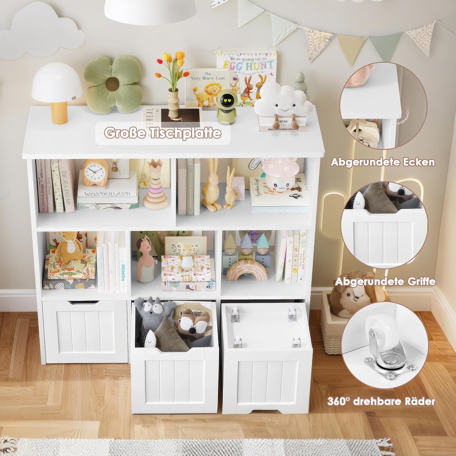 FOREHILL Kinderregal mit Boxen auf Rollen, Kinderzimmer Möbel, Spielzeugregl, Aufbewahrungregal,Bücherregal für Kinder, Kinderschrank, Regal mit 3 Boxen 100x33x89.5cm weiß