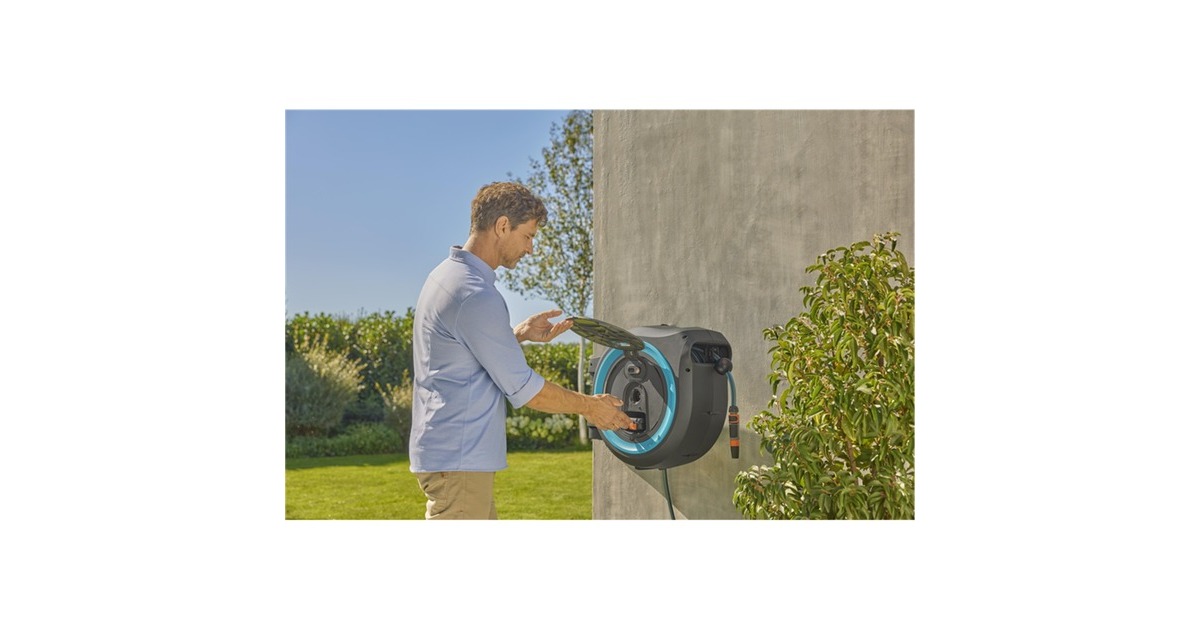 GARDENA35 m Wand-slangenbox Powerroll XL slanghaspel  (Grijs/turquoise, 35 meter, Accu en oplader inbegrepen, POWER FOR ALL ALLIANCE)