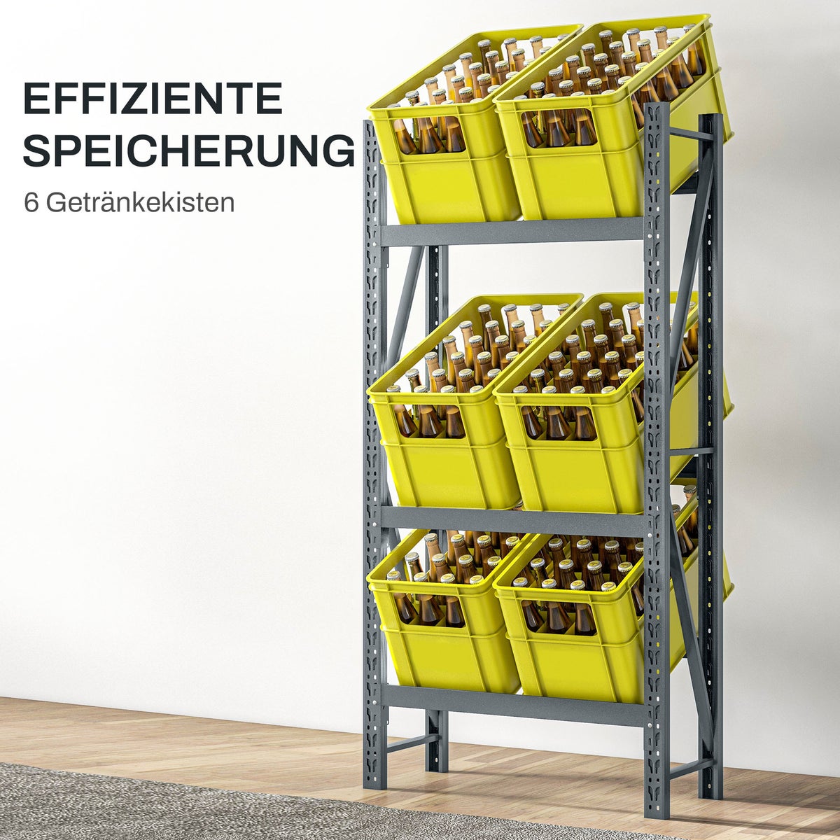 HOMCOM Drankkrattenrek voor 6 kratten, vrijstaand drankenrek met 3 verstelbare planken, krattenrek, 80 x 30 x 160 cm, staal, grijs