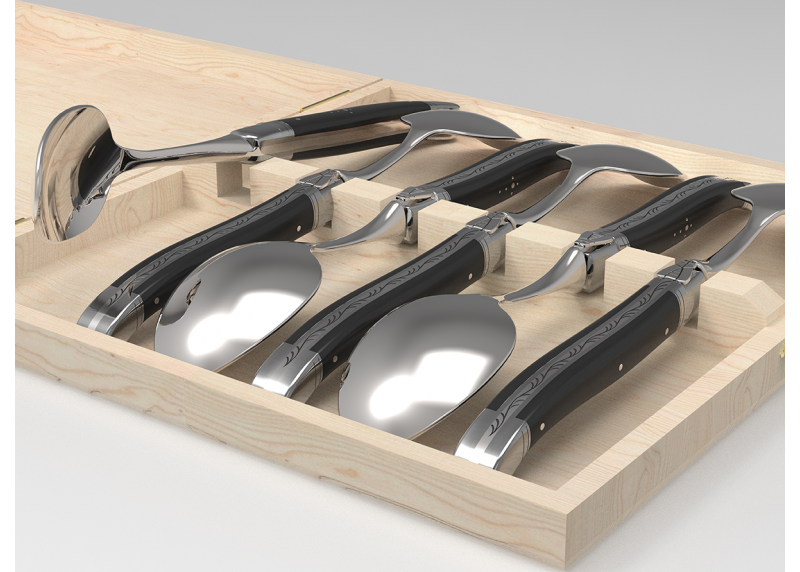 Service de 6 petites cuillères Laguiole avec un manche en bois d'ébène et mitres en acier inoxydable