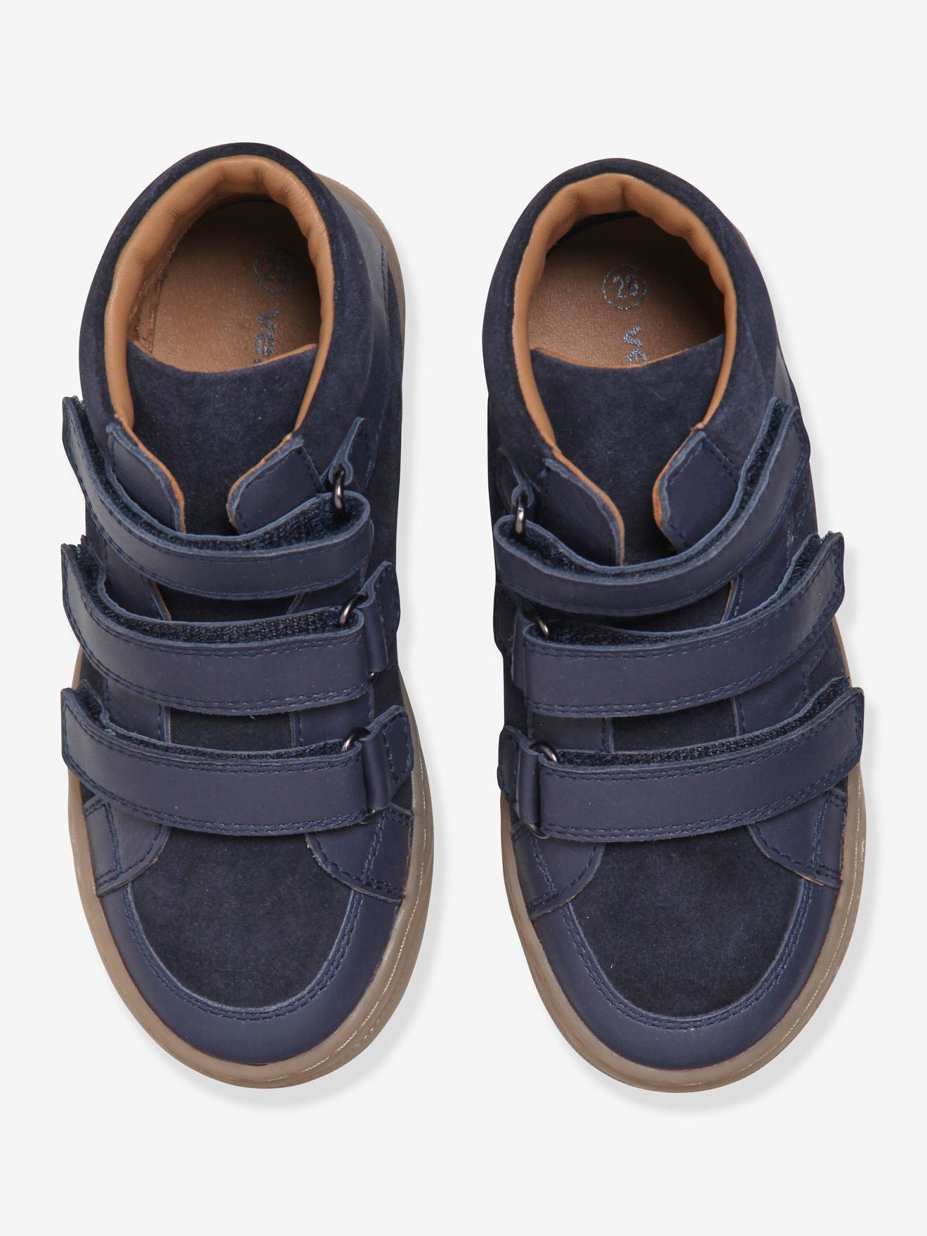Tênis de cano alto em couro com fecho de velcro, para meninos, azul escuro liso