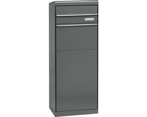 MEFA pakketbrievenbus, gepoedercoat staal, BxHxD 402/1091/310 mm, Esdoorn 662 Basaltgrijs RAL 7012 semi-mat, achterinwerpopening, 2 compartimenten met naamplaatje