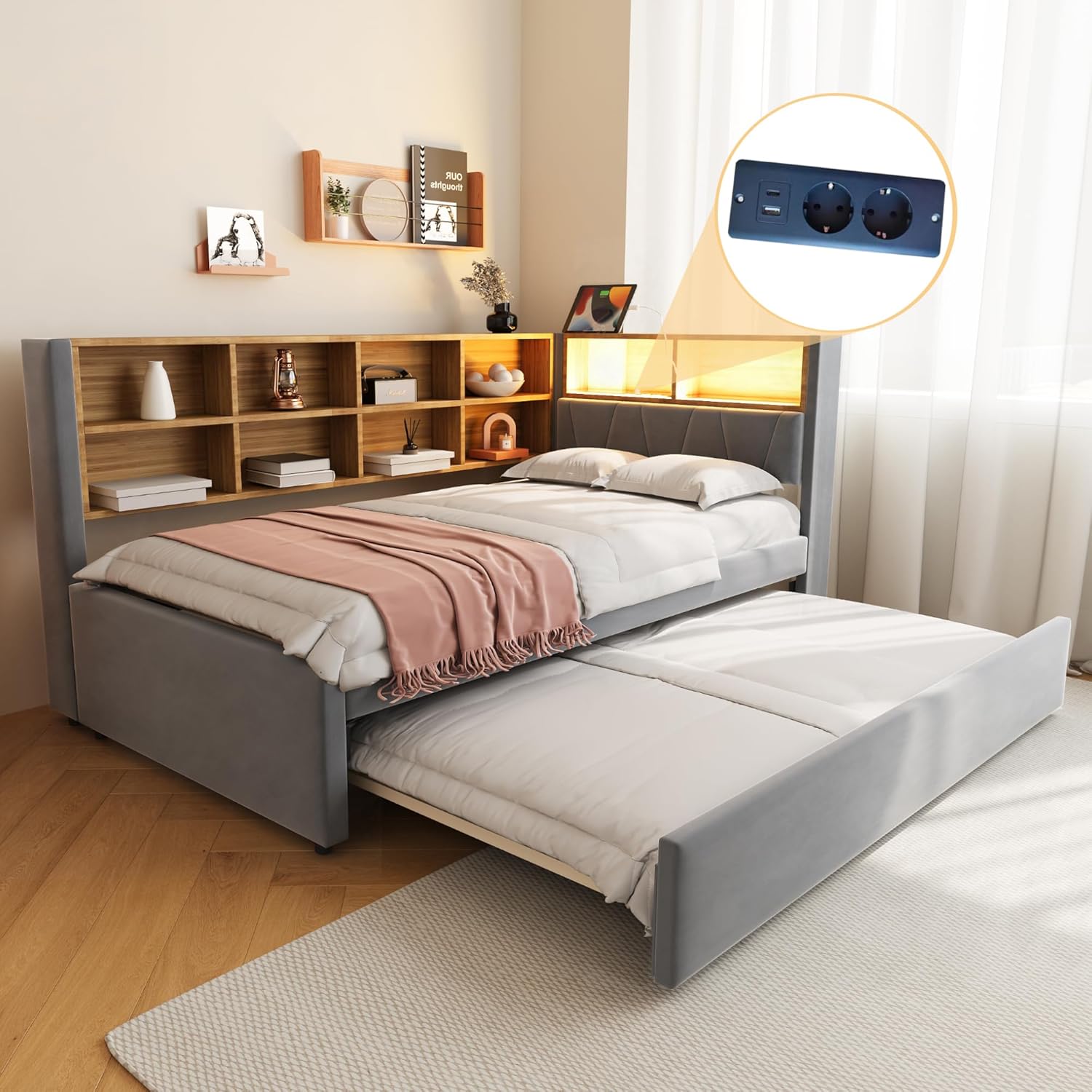 Polsterbett Einzelbett 90x200, Tagesbett Schlafsofa mit Ausziehbett&LED Licht&USB-Anschluss&vielen Ablagefächern, Bettgestell Gästebett Jugendbett mit Lattenrost, Flanell, Ohne Matratze, Dunkelgrau OX0194603