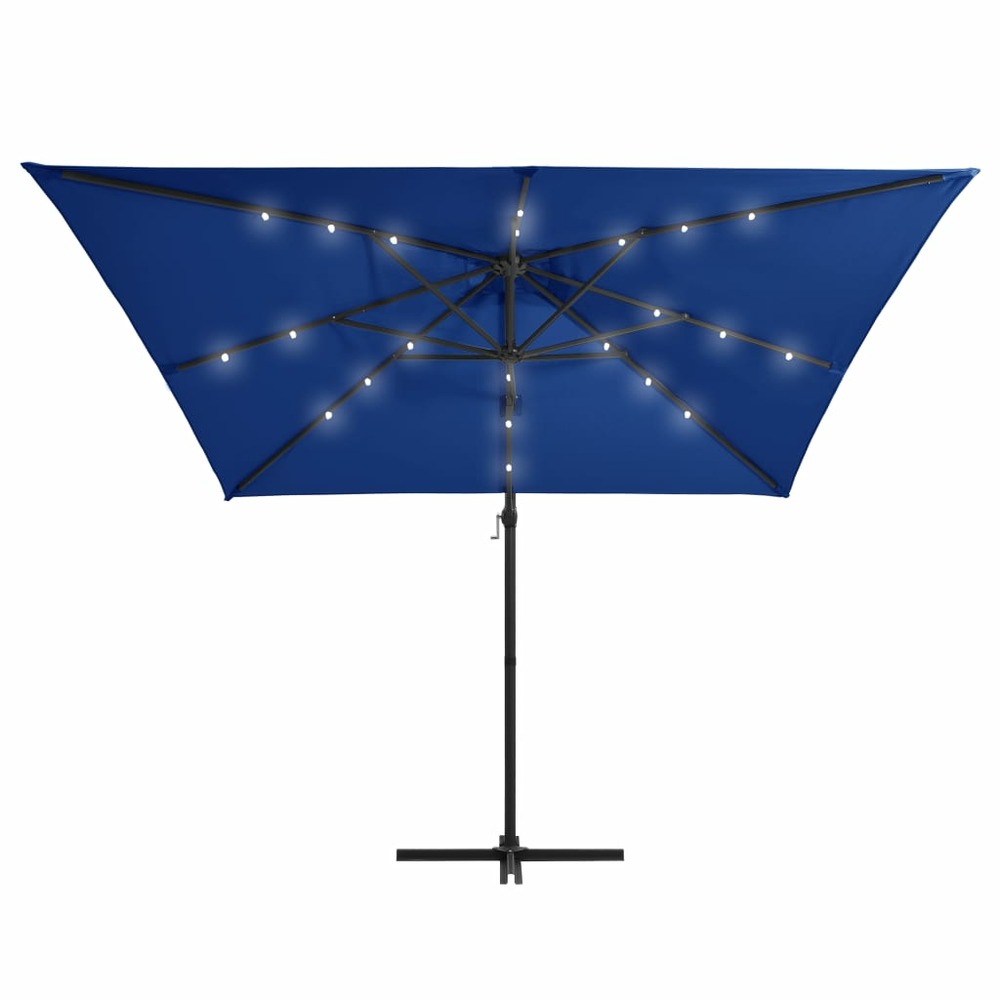 Parasol mobilier de jardin déporté avec led et mât en acier 250 x 250 cm bleu azuré