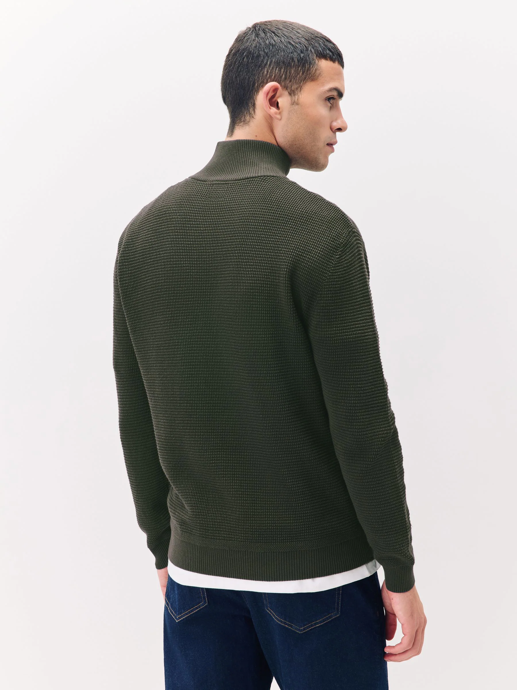Kakigroen - Effen - Regular Fit 100% Cotton Textured Premium Quarter Zip Jumper