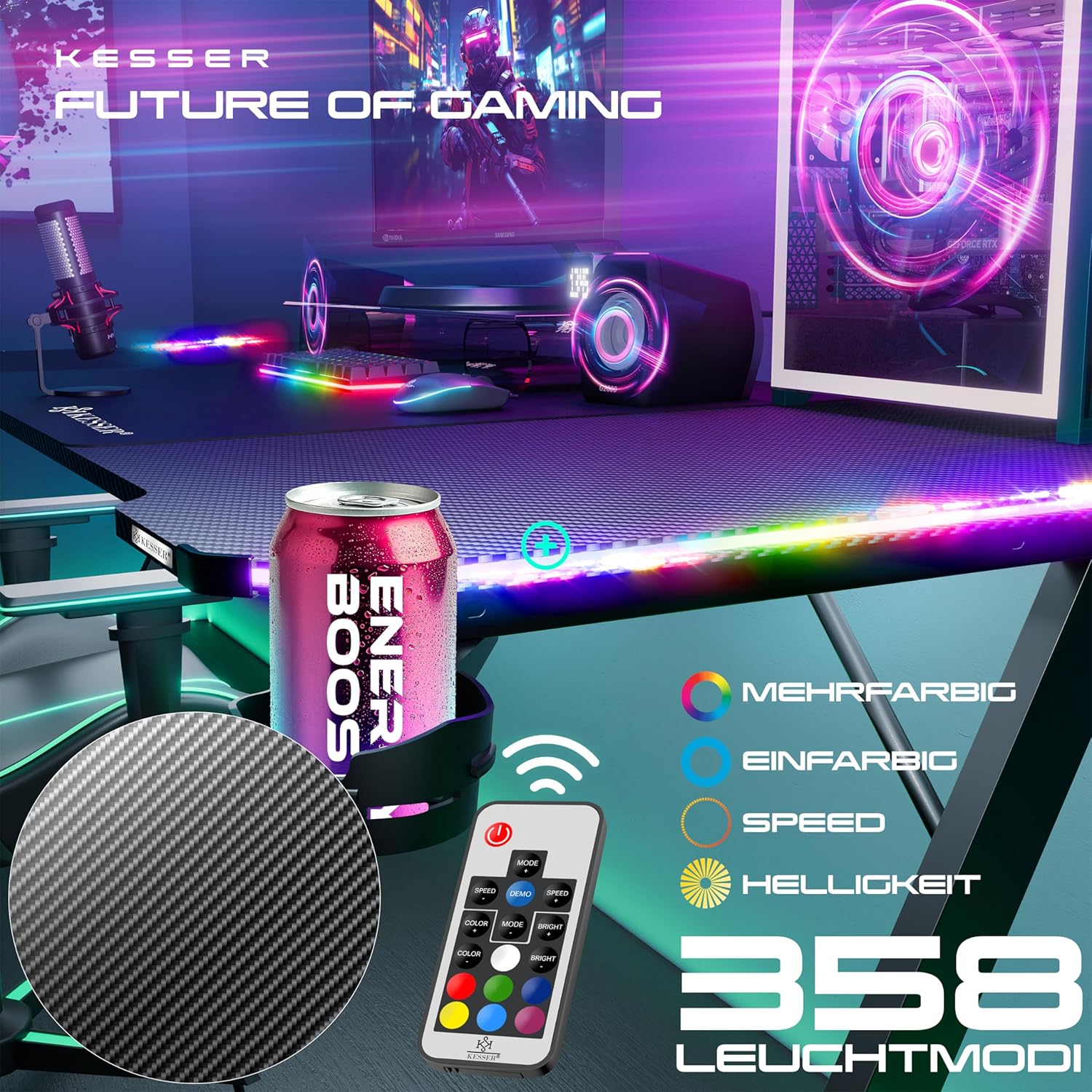 KESSER® Gaming Tisch LED 160cm x 60cm | Z-Form Gamer Schreibtisch | Kopfhörerhaken & Kohlebeschichtung | Ergonomischer PC Computertisch | Stabiler Tisch mit Getränkehalter Schwarz