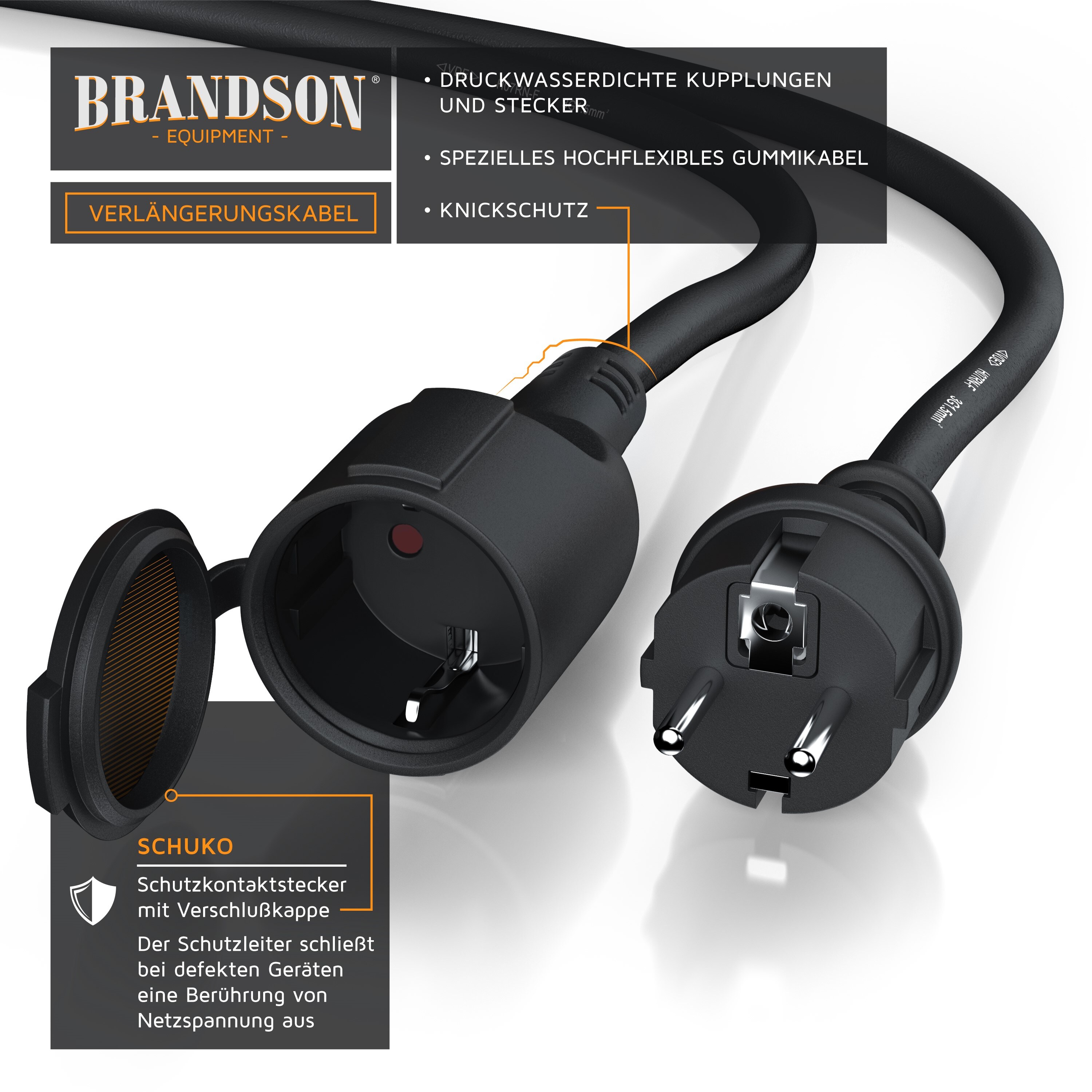 Brandson Schutzkontakt Verlängerungskabel für Outdoor 3500 W Strom Kabel für den Außenbereich / IP44 - 15m