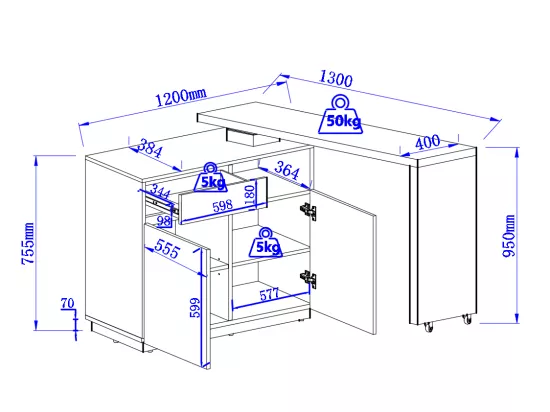 Meuble de bar pivotant avec 2 portes, 1 tiroir et 1 niche en MDF - Blanc laqué et Béton - ELDIR
