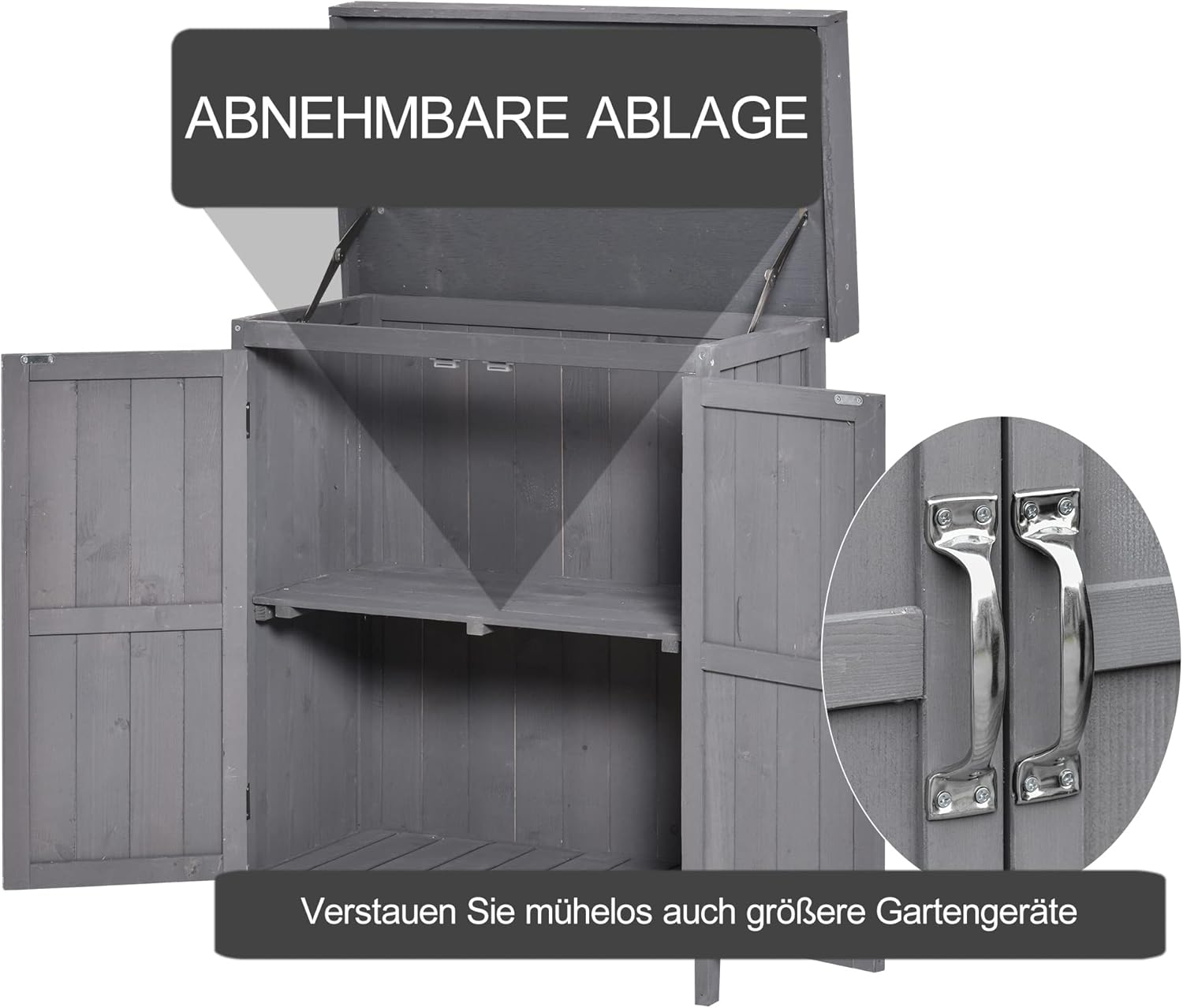 Outsunny Gartenschrank Tannenholz, Geräteschuppen wetterfest 74x43x88cm, Gerätehaus mit Doppeltür, 2 Fächern, Geräteschrank, Gartenhaus Werkzeugschrank Gartenschuppen für Garten, Terrasse, Dunkelgrau