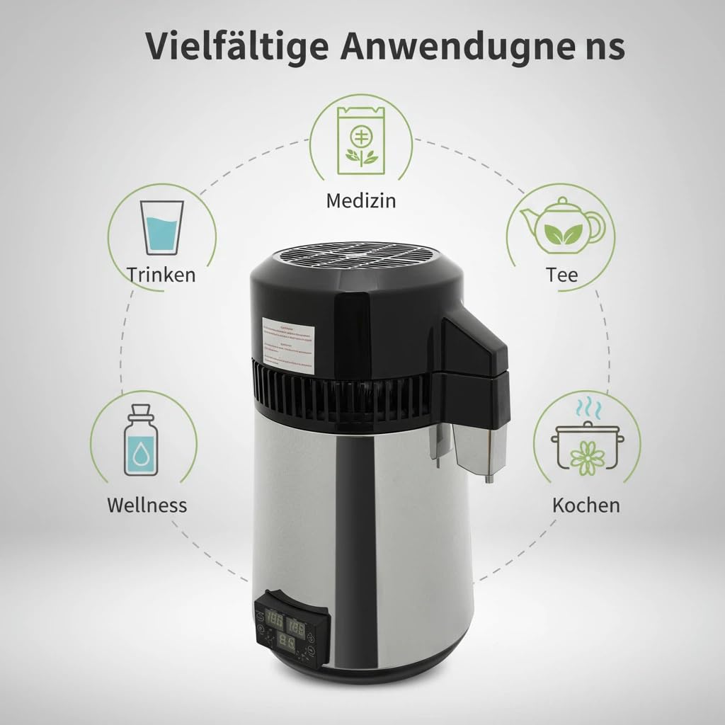 Wasserdestilliergerät Wasser Destillierer 800W Edelstahl Distilleranlage 4L Kapazitätfür Zuhause, Zahnklinik, und Labor mit Sammelkanne Dreifach-LED Automatischer Abschaltung