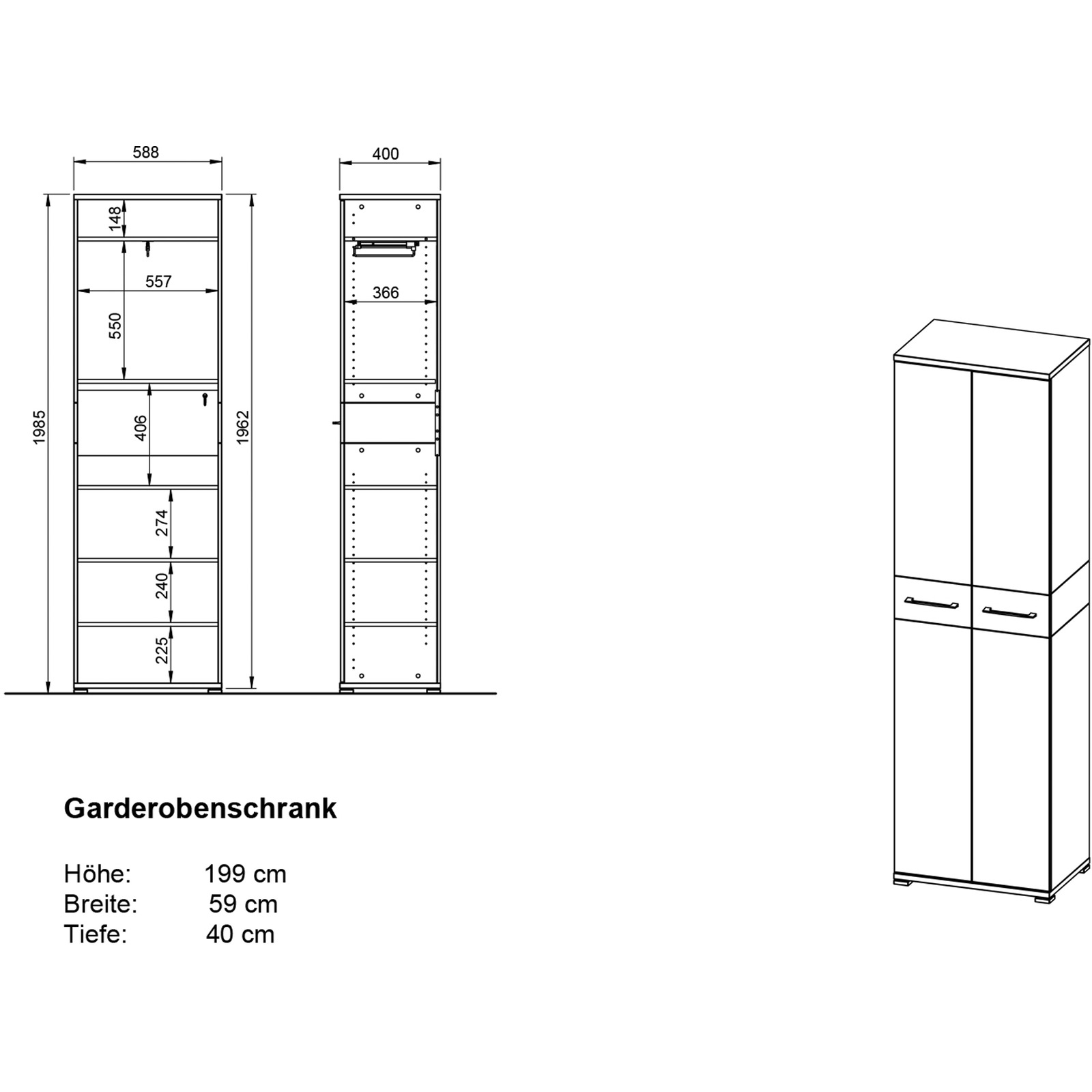 Garderobenschrank Topix Dekor weiss/Eiche 59 x 199 x 40 cm