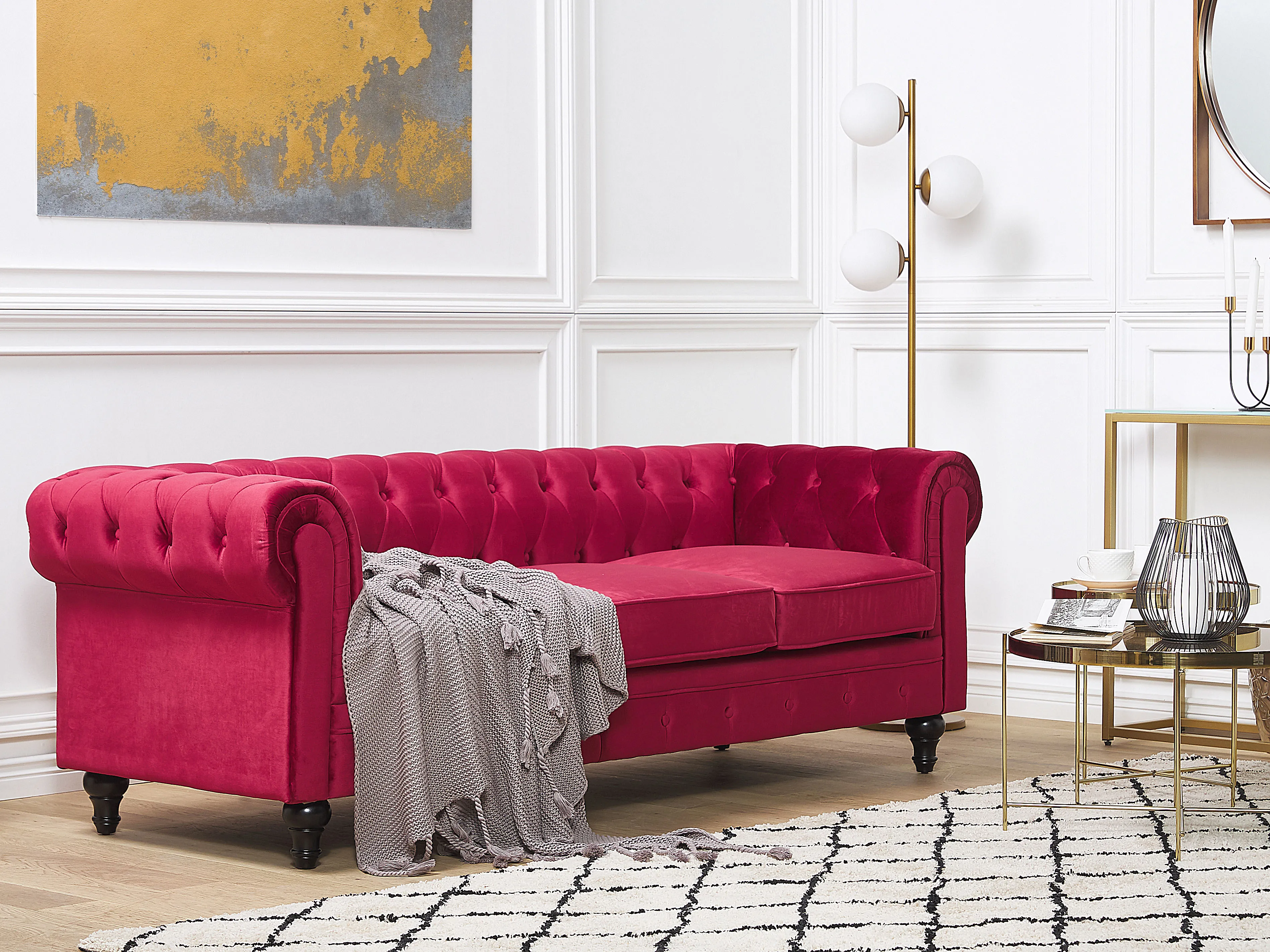 Bank 3-zits CHESTERFIELD Fluweel Donkerrood