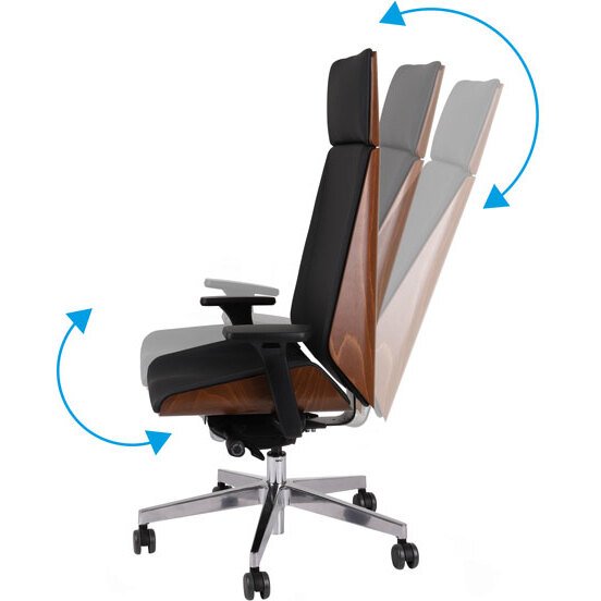 Chaise de bureau ergonomique Moon Wood Simili cuir, avec appui-tête, accoudoirs 3D, mécanisme synchrone + réglage profondeur d'assise, pieds chromé