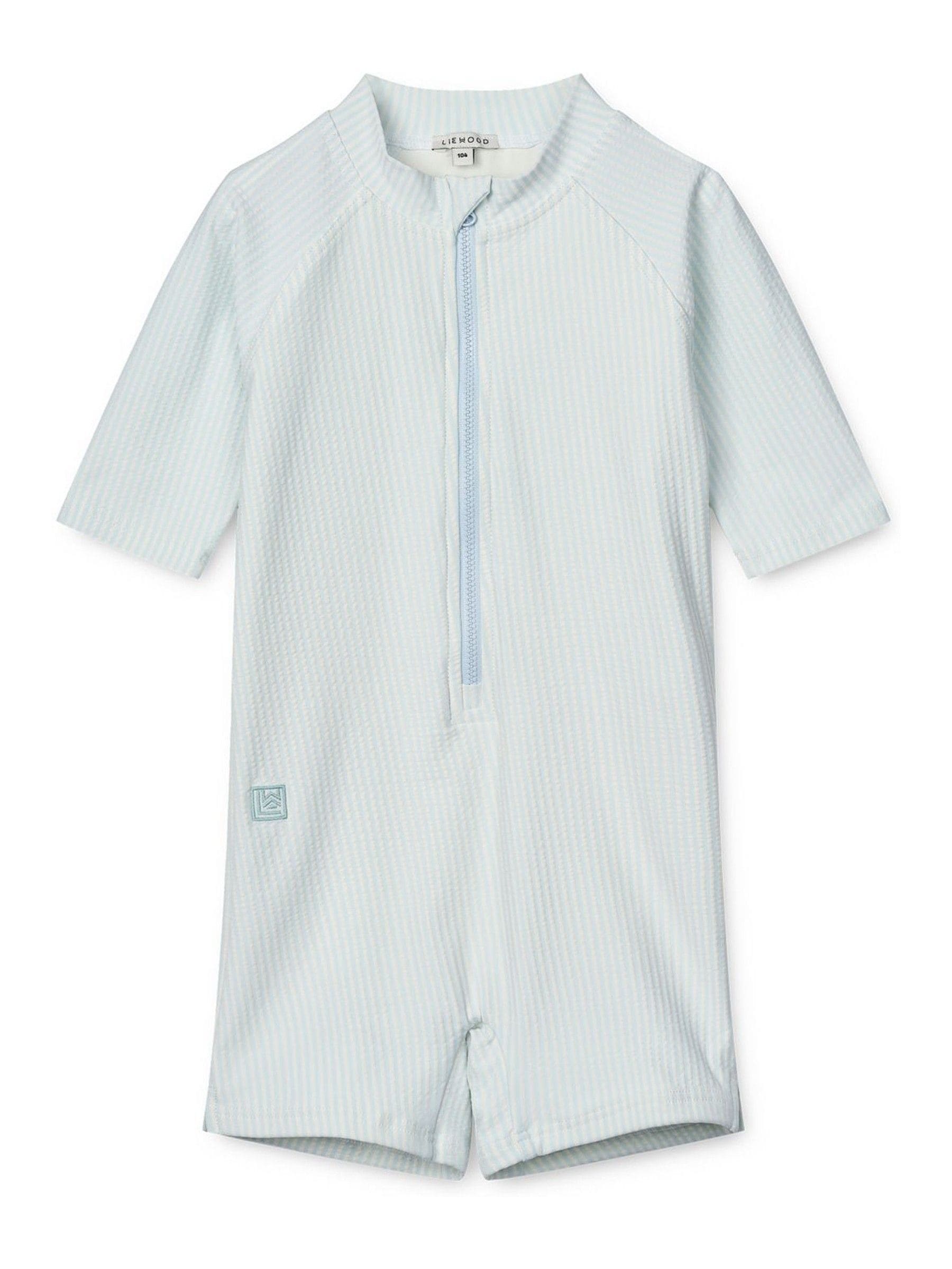Liewood Blue Max Seersucker Short Sleeve UV Protection Swim Playsuit