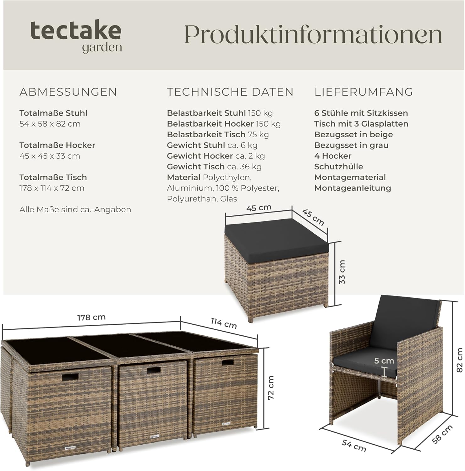 tectake Polyrattan Gartenmöbel Set, Sitzgruppe mit 6 Stühle +1 Glasplatte Tisch + 4 Hocker, Gartenlounge Set klappbar, für bis zu 10 Personen, Balkon Möbel, inkl. 2 Bezugsset - Natur