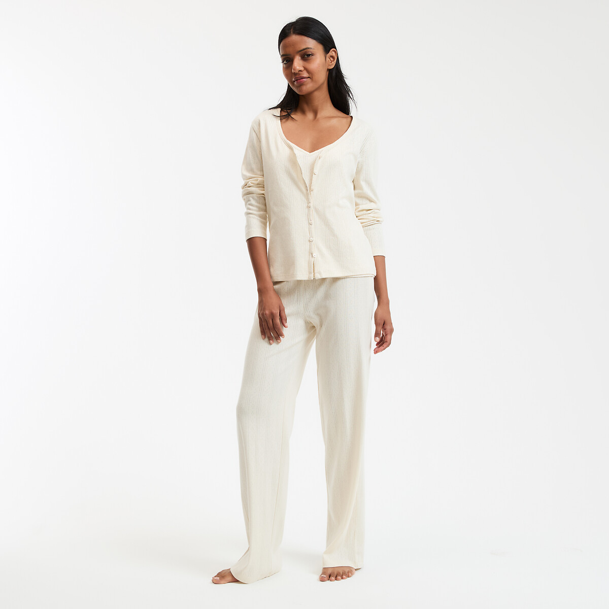 COLEÇÃO LA REDOUTE<br>Conjunto de pijama de 3 peças em malha ponto ajour