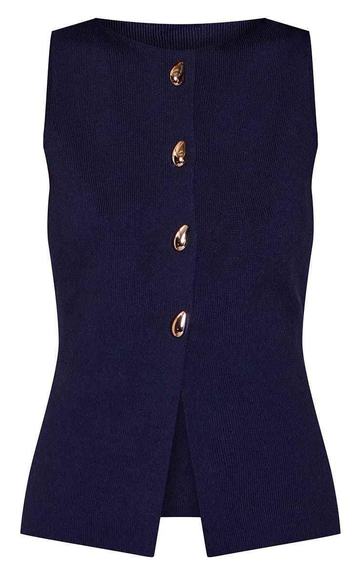 Bleu Marine Gilet Long En Maille Compacte Boutonné
