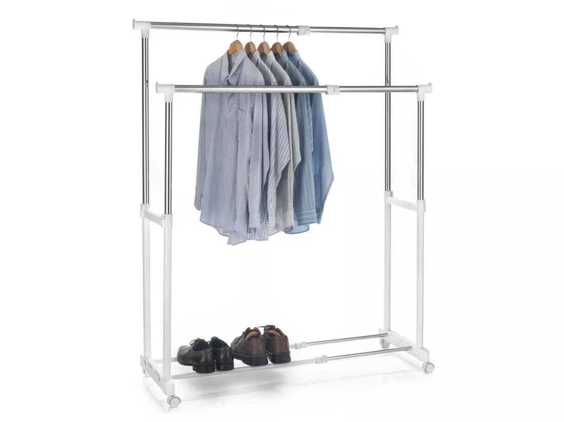 Portant à vêtements CASA en métal chromé et blanc, penderie double sur roulettes avec 2 barres hauteur et longueur réglables