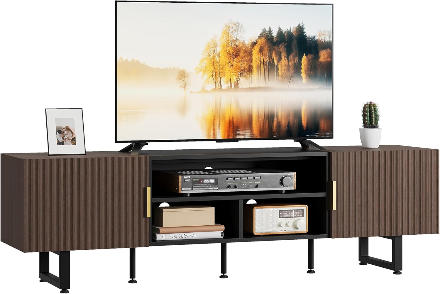 IRONCK TV Schrank 180cm Lowboard für Fernseher bis zu 65/75/80 Zoll, Fernsehtisch mit 2 Türen 3 offenen Fächern, Fernsehschrank Holz, Modern TV Board für Wohnzimmer, Schlafzimmer (Schwarz/Walnussholz)