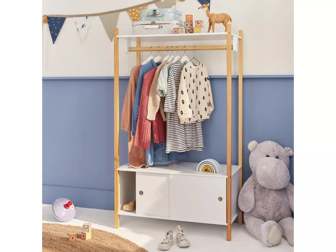 Penderie pour enfants - TOBIAS - deux portes coulissantes et portant bois massif en pin naturel blanc. 80X40X136.5CM