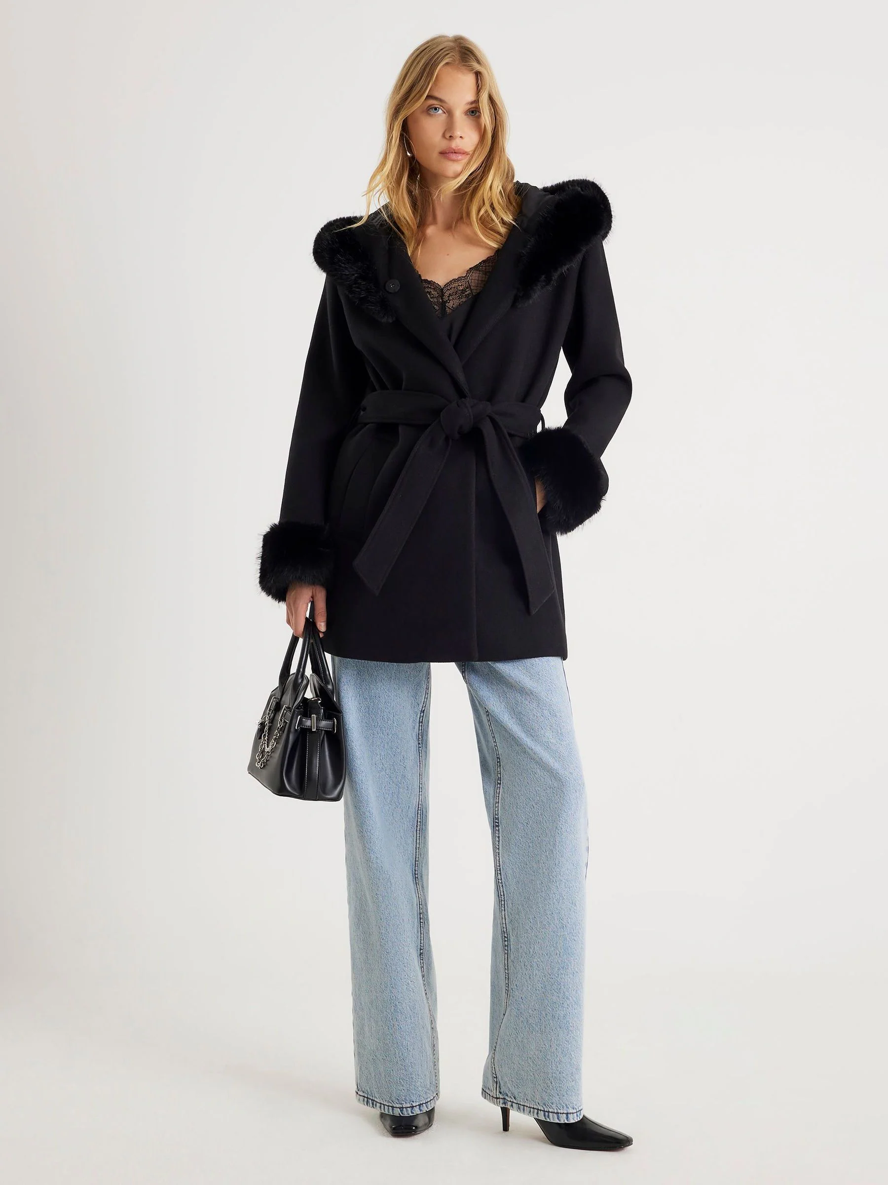 Zwart - River Island Fur Trim Hooded Belted Coat