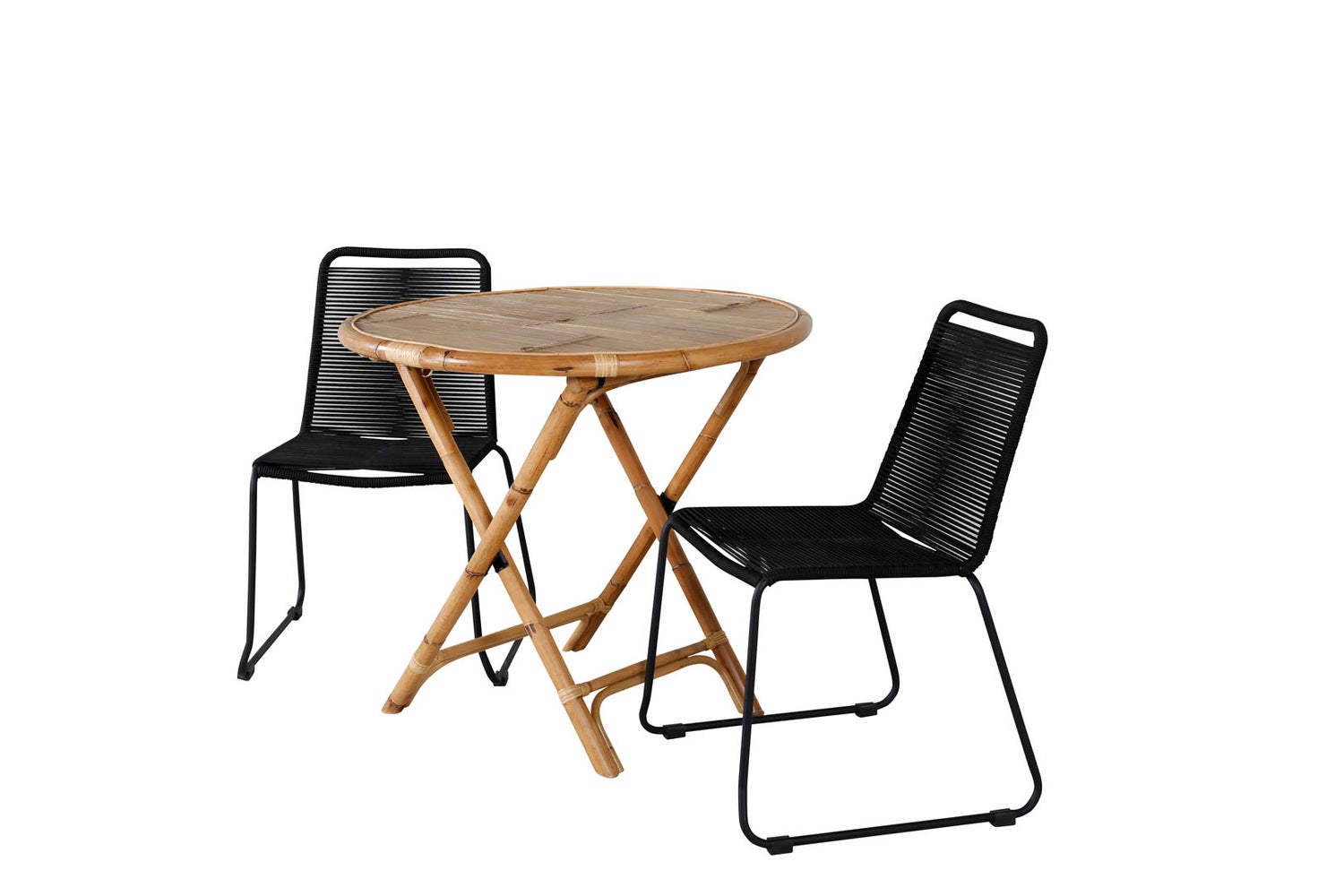 Tuinset van riet, tafel Ø80cm en 2 stoelen, S Lindos, zwart, naturel. 80 x 80 x 80 cm