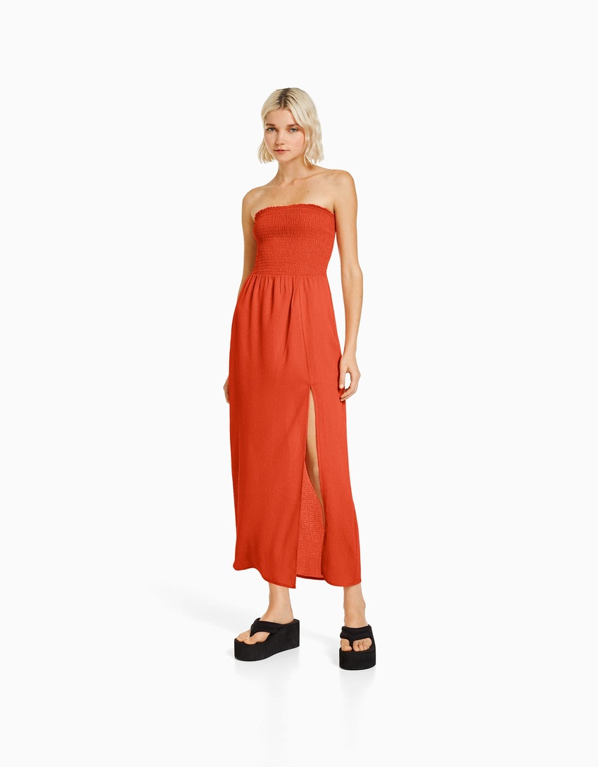 Vestido longo bandeau com franzido