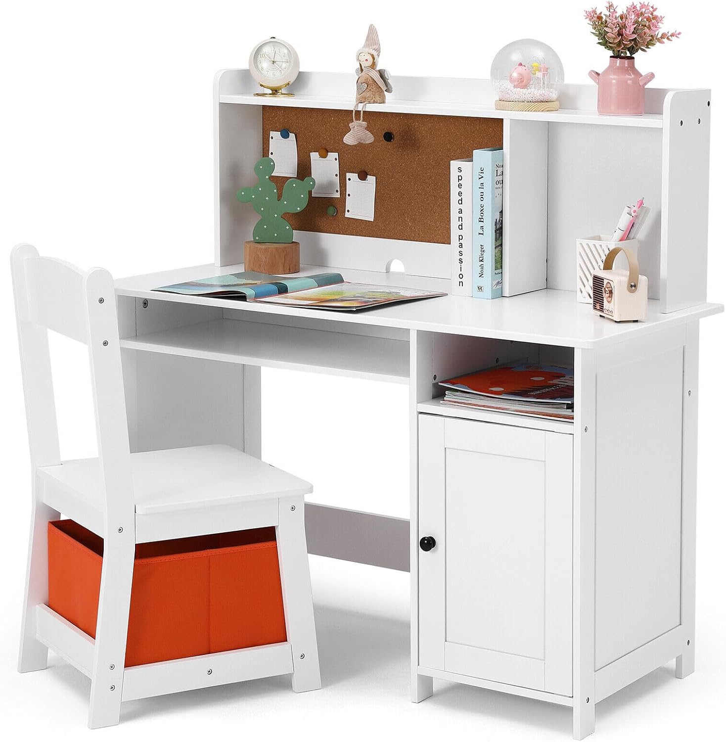 JOYLDIAS Kinderschreibtisch aus Holz, Kinder Schreibtisch mit Stuhl, Multifunktionaler Kinderlerntisch mit Ablageflächen und Stauraum/Weiß