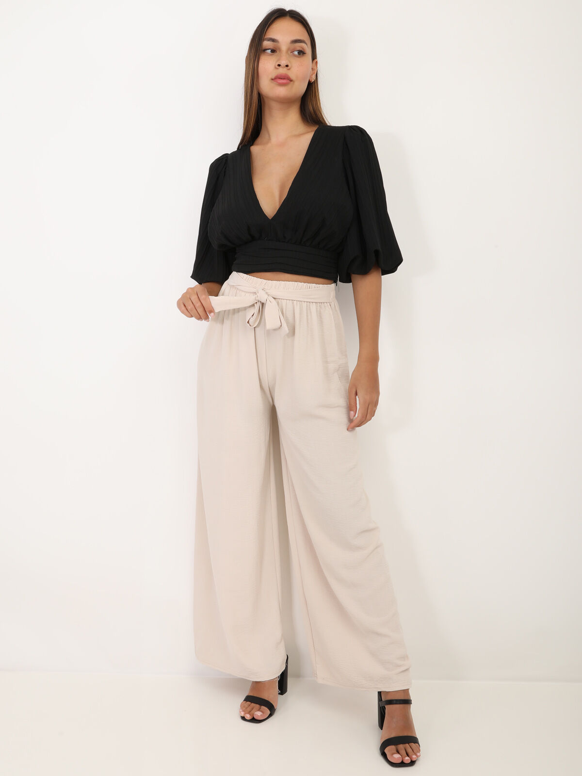 Pantalon ample ceinturé- Beige