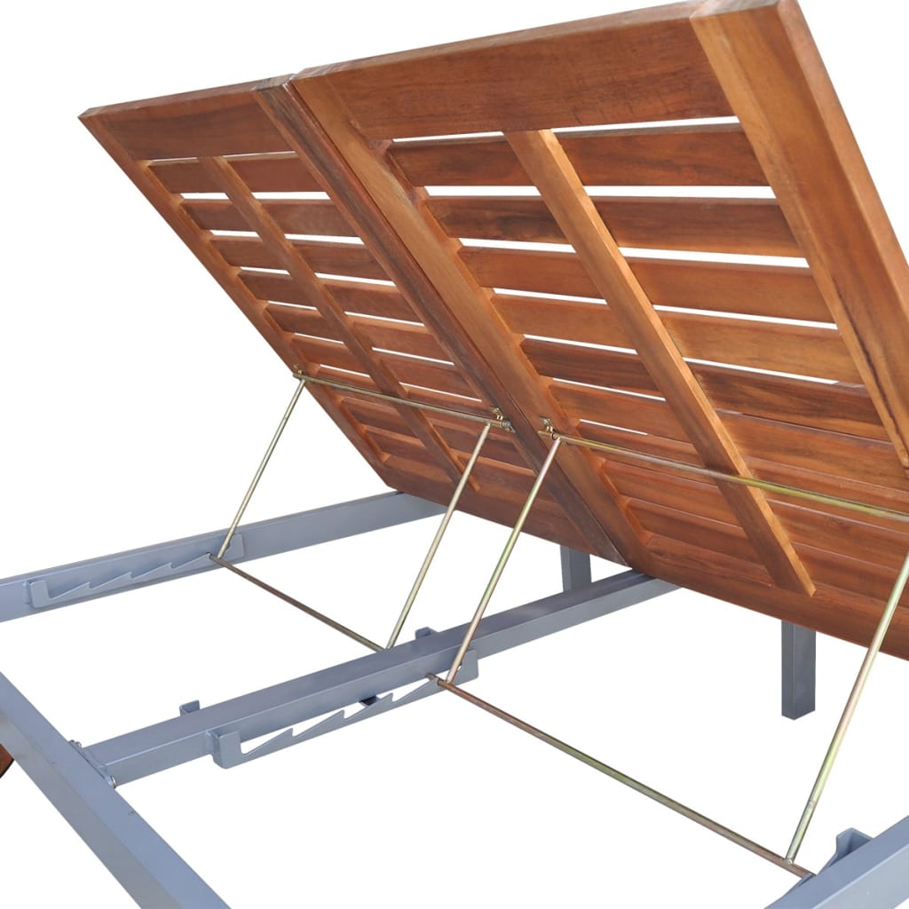 Transat chaise longue bain de soleil lit de jardin terrasse meuble d'extérieur 2 places avec coussin acacia solide et acier 0
