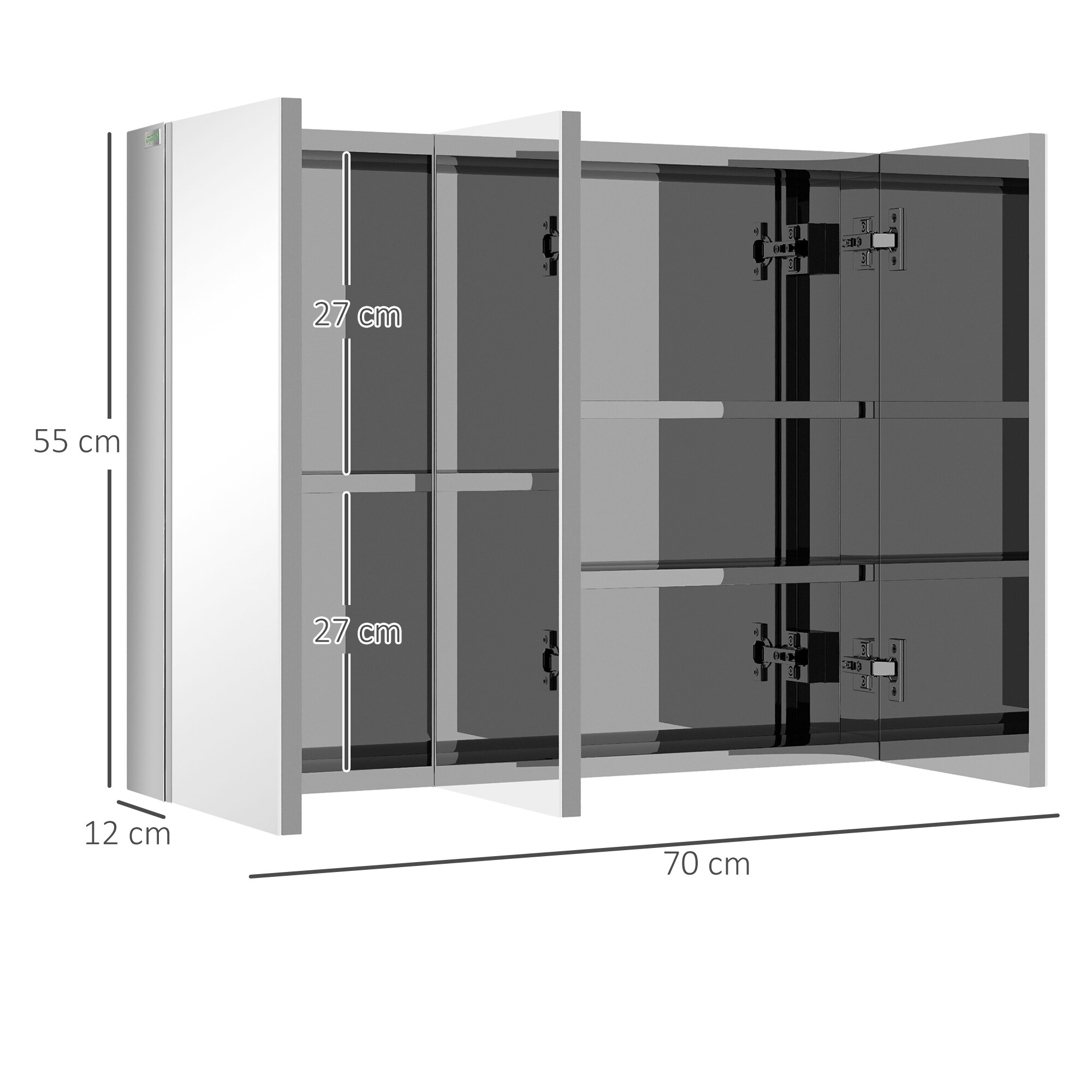 kleankin Spiegelschrank mit drei Türen silber 70L x 12B x 55H cm