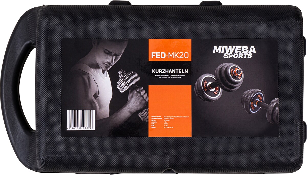 Miweba Sports FED 4in1-Hantelset, Kurzhanteln, Langhantel, Hantelscheiben Stahl, 20/30 kg, Koffer (ohne Kugelhantel-Griffen, 20 Kg schwarz)